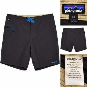 Patagonia 38 Black Nylon Wavefarer Board Shorts Gray Blue Drawstring Swim Surf